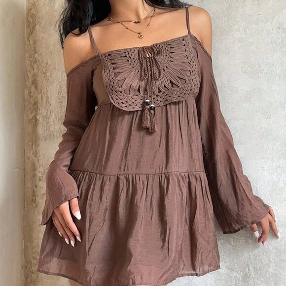 Brown Casual Women's Knitted Colorblock Off-Shoulder Long Sleeve Mini Dress - Picture 1 of 7